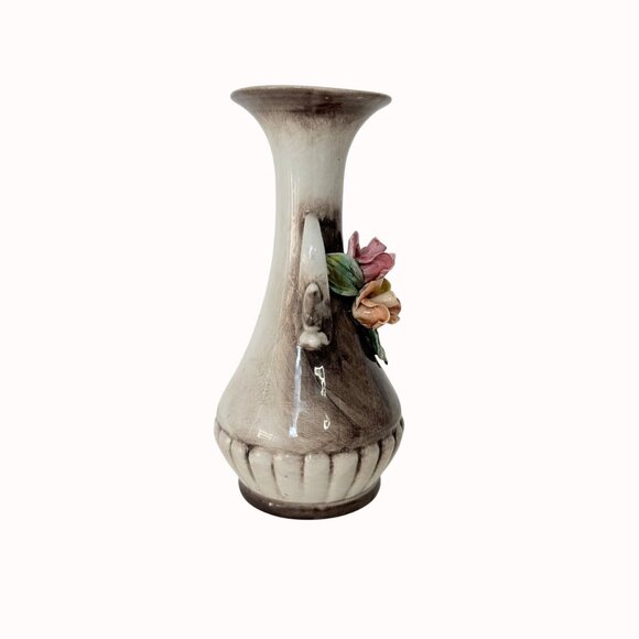 Capodimonte Bud Vase VTG Italian Dual Handles Flared Rim Applied Roses Floral - Picture 5 of 16